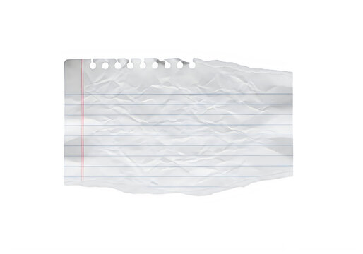 Crumpled sheet of lined paper with spiral binding holes on a transparent background transparent background