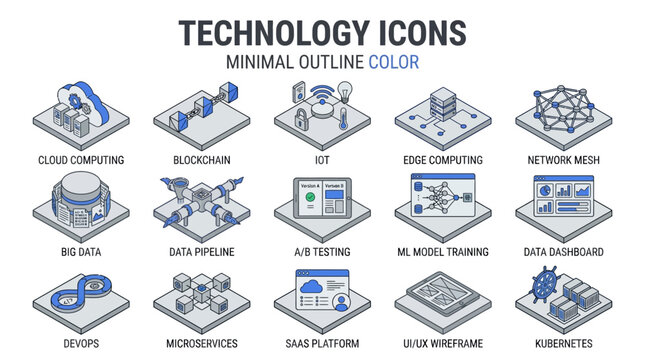Technology Icons Collection Cloud Computing, Blockchain, IoT, Edge Computing, and Network