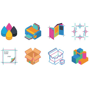 3D Isometric Printing and Packaging Production Icons. CMYK Color Drops, Printer Machine, Tri Fold Brochure, Registration Marks, Bleed Guide, and Product Box Assets.
