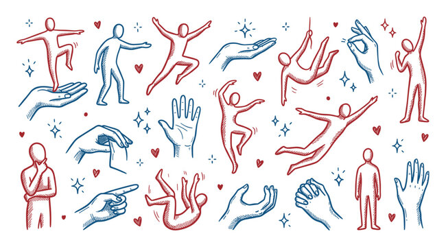 Various hand-drawn human figures and hands in different poses and gestures, creating a dynamic and expressive pattern