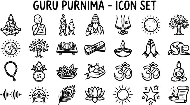 Guru Purnima Icon Set: Religious Symbols, Meditation, Spirituality, Hinduism, Buddhism - Black  White Line Art