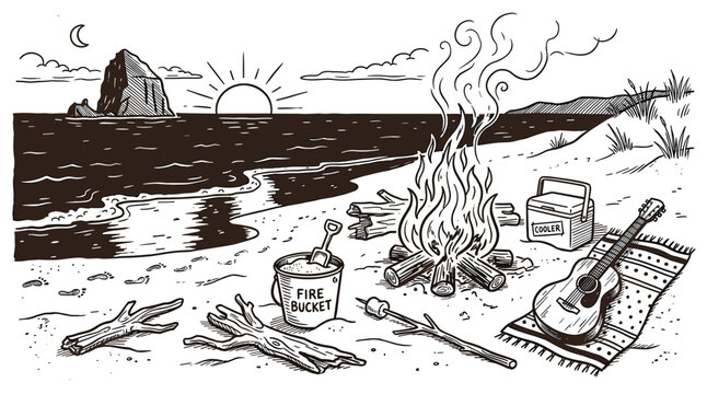 Hand-drawn black and white illustration of a cozy beach bonfire scene with a guitar and cooler at sunset
