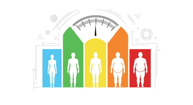 Informative infographic displaying body mass index scale with human silhouettes in different weight categories from underweight to obese range.