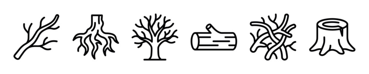 Fototapeta premium Various black outline tree elements including a branch, roots, whole tree, log, tangled branches, and a tree stump, presented as simple vector icons