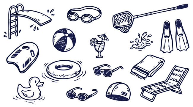 Various hand-drawn swimming pool and beach vacation items, including a diving board, goggles, beach ball, and lounge chair, in a doodle style