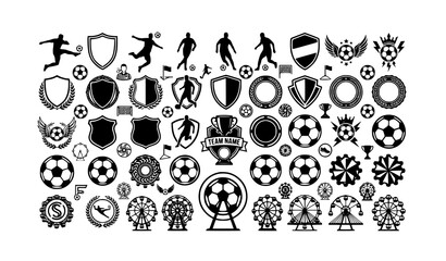 Black and white soccer football icon set with team logos and player silhouettes © Meerazul