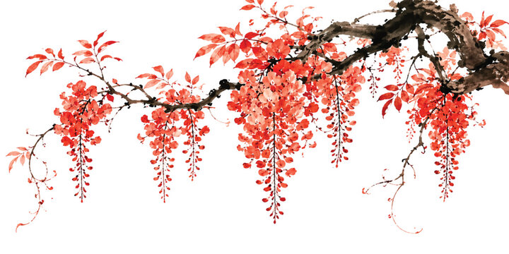 Elegant Red Wisteria Flower Branch in Traditional Japanese Ink Art Style