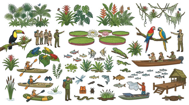 Expansive Amazon Rainforest Adventure Set with Diverse Wildlife, Lush Flora, and Eco-Tourism Activities Elements