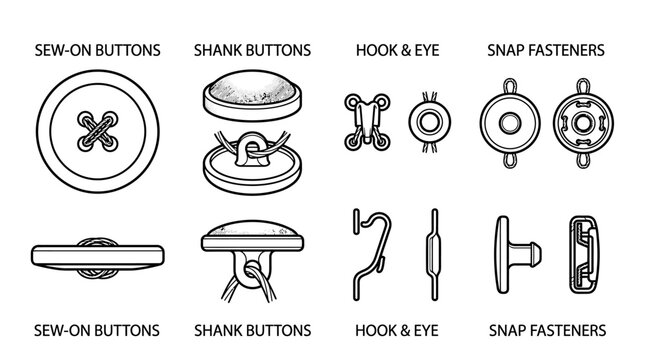 Detailed outline vector illustrations of various garment fasteners, including sew-on buttons, shank buttons, hook and eye closures, and snap fasteners