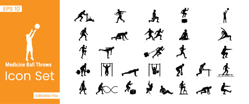 Medicine Ball Throws and Athletic Power Training Silhouette Icons Set for Crossfit Strength Conditioning and Functional Fitness
