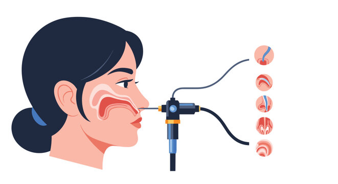 Professional medical illustration showing side profile of woman undergoing nasal endoscopy procedure with camera tool and detailed magnified views.