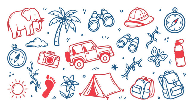 Various hand-drawn doodle icons representing adventure and travel, including an elephant, jeep, tent, and compass in red and blue outlines