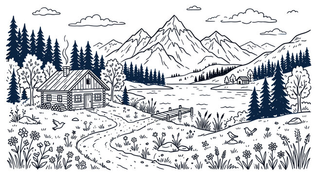 Hand-drawn rustic log cabin nestled by a serene lake with a small dock, surrounded by towering pine trees and majestic mountains under a cloudy sky
