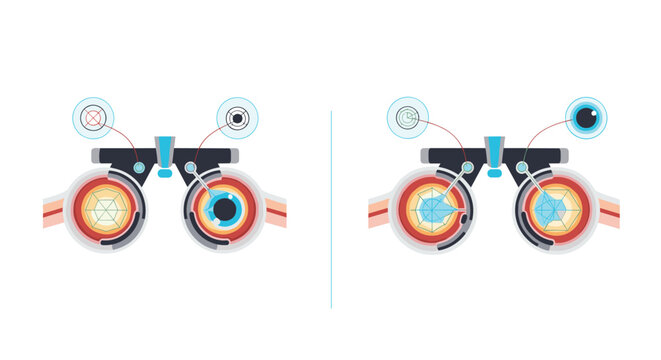 Technical illustration of optometry testing equipment and eye examination diagrams showing vision assessment and lens correction concepts.
