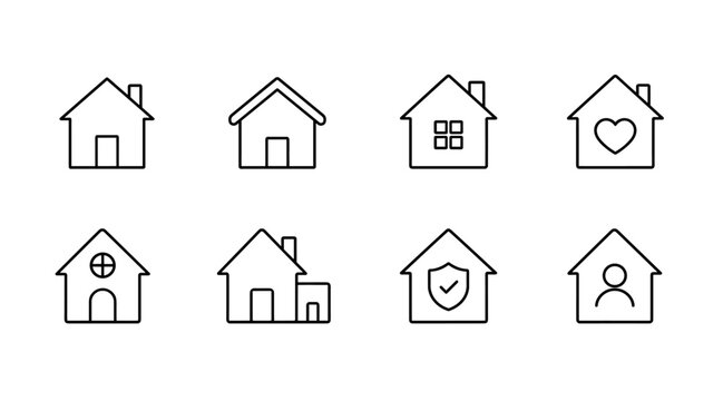 Set of eight minimalist house icons with various symbols