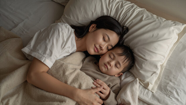 日本人の母と子が寄り添って眠るやさしい夜の寝室風景写真