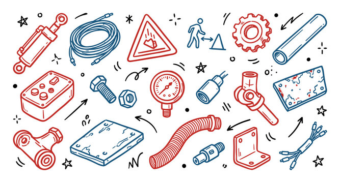 Various hand-drawn industrial parts and safety signs are neatly arranged in a playful doodle pattern with red and blue outlines