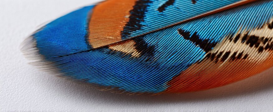 Close-up of a bright blue and orange bird feather highlighting intricate patterns on white background.