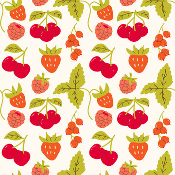 Bright seamless pattern with seasonal berries of strawberries, raspberries, cherries. Perfect for packaging fruits, summer textiles, kitchen curtains, labels for jam and branding of farmer markets. Ve