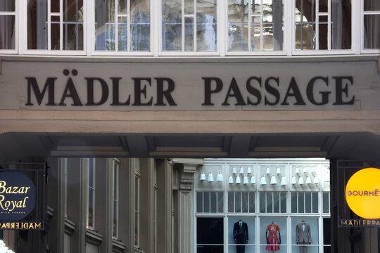 Leipzig, Germany, May 3, 2026: Madler Passage Shopping Mall Entrance with Retail Displays in Leipzig