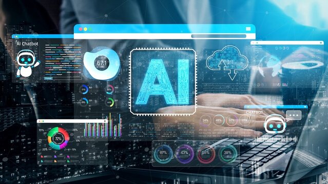 Futuristic Technology Concept Featuring AI Chatbot Interface with Data Visualization and Digital Interaction in Modern Workspace Setup Sigmoid