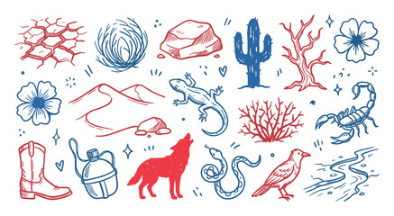 Fototapeta premium Various hand-drawn desert elements, including animals, plants, and natural features, are scattered across a clean white surface in a vibrant red and blue color palette