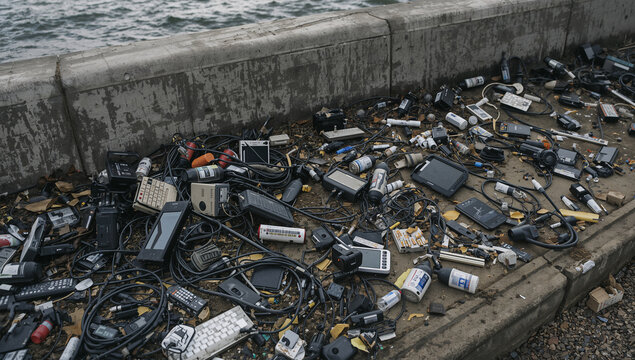 海辺の護岸に電子廃棄物が散乱する有害ごみ問題の環境写真