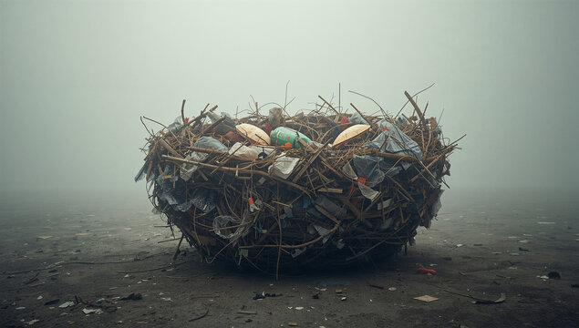 プラスチックでできた巣が生息地の喪失を示す環境メタファー