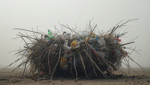 プラスチックでできた巣が生息地の喪失を示す環境メタファー