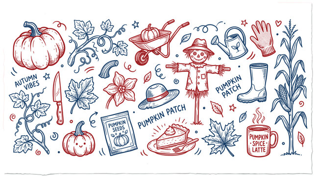 Hand-drawn autumn harvest elements including pumpkins, scarecrow, leaves, and pumpkin spice latte in a charming doodle style