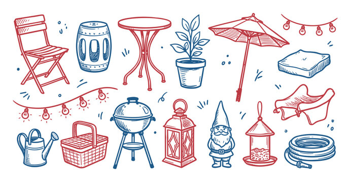 Various hand-drawn garden and patio items, including a chair, table, umbrella, grill, and watering can, depicted in a charming sketch style