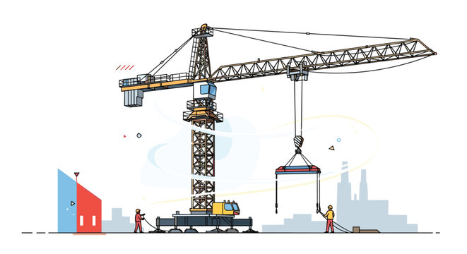 Colorful vector illustration of construction site featuring large yellow tower crane lifting platform and engineers at work.