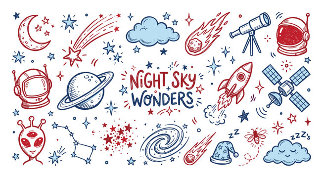Hand-drawn red and blue space themed doodles with planets, stars, rockets, and astronauts create a whimsical pattern