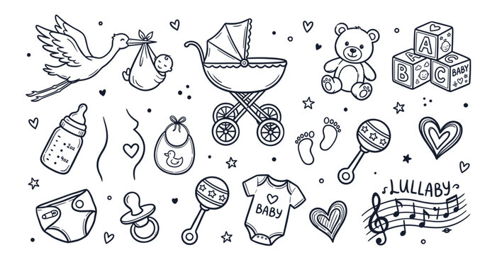 Hand-drawn black and white baby care items doodle set with stork, stroller, and teddy bear, featuring various newborn essentials