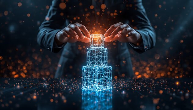 Businessman's hands delicately assemble a glowing blue 3D wireframe cube structure, symbolizing creation and digital innovation.