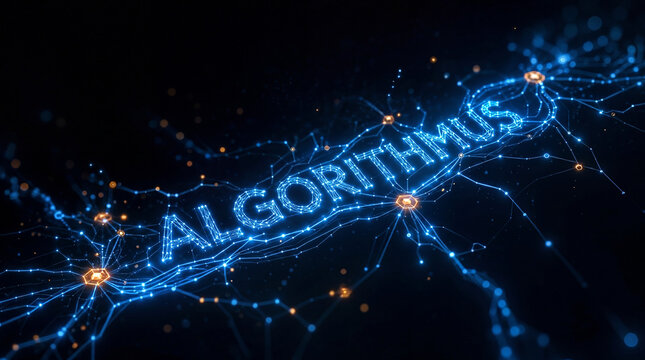 Algorithmus &ndash; leuchtender Schriftzug aus blauem Datennetzwerk mit Knotenpunkten K&uuml;nstliche Intelligenz Konzept dunkler Hintergrund