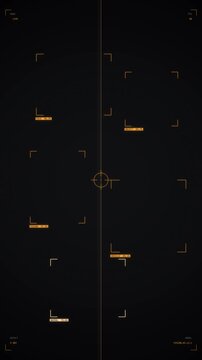 Amber computer vision detection overlay with bracketed boxes confidence labels scanning line and center reticle, AI object detection face recognition HUD background, seamless loop vertical 9:16