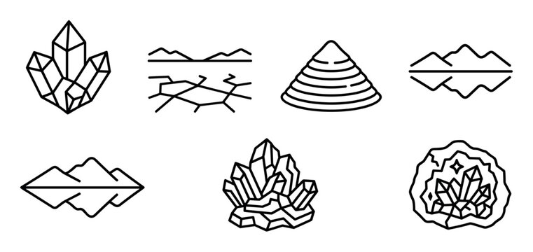 Collection of seven distinct black outline icons representing various geological formations and crystal structures in a clean, minimalist style