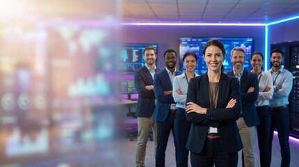 Fototapeta premium Diverse cybersecurity team standing in futuristic security operations center with confident female analyst in foreground, IT security engineers and network analysts, enterprise cybersecurity workplace