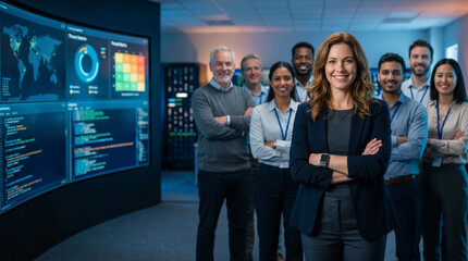 Obraz premium Diverse cybersecurity team standing in futuristic security operations center with confident female analyst in foreground, IT security engineers and network analysts, enterprise cybersecurity workplace