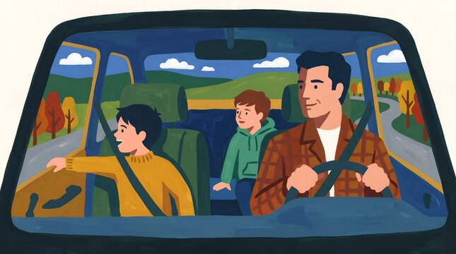 Father driving a car with his two sons on a scenic road trip