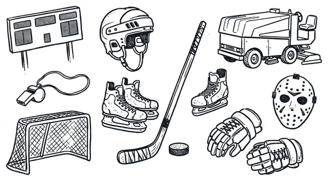 Various hand-drawn hockey equipment illustrations, including a scoreboard, helmet, skates, stick, puck, gloves, and Zamboni, presented in a vintage doodle style