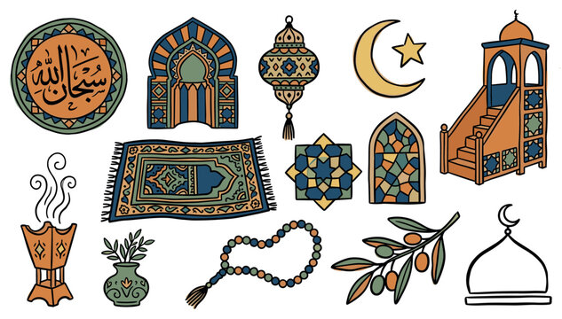 Hand-drawn colorful Islamic religious symbols and objects collection, including a prayer rug, crescent moon, and mosque elements, in a whimsical style