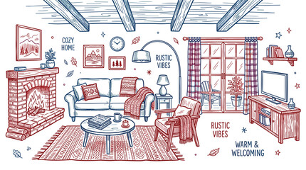 Fototapeta premium Hand-drawn rustic living room interior with a cozy fireplace, comfortable sofa, and wooden furniture, conveying a warm and welcoming atmosphere