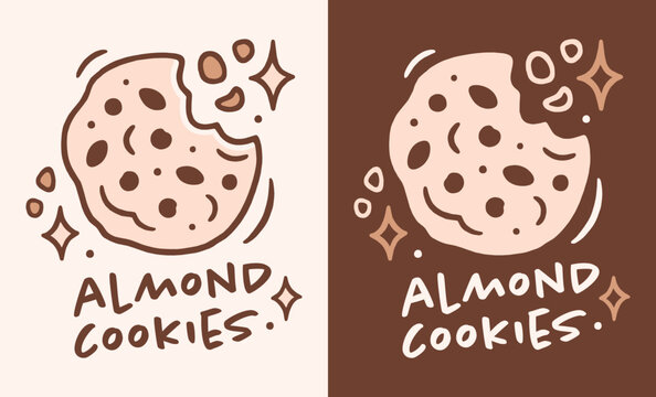 Almond cookies label flavor logo for homemade natural gluten free nut flour mix sticker tag packaging design. Organic cookie with crumbs outline drawing doodle bakery style aesthetic poster print.