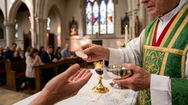 Priest administering communion with host and chalice during mass in church featuring stained glass windows and congregation