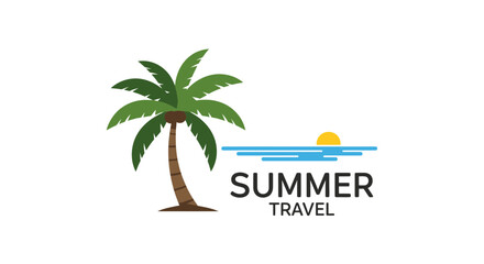 Obraz premium Summer Travel Logo: Palm Tree, Ocean, Sun and Text