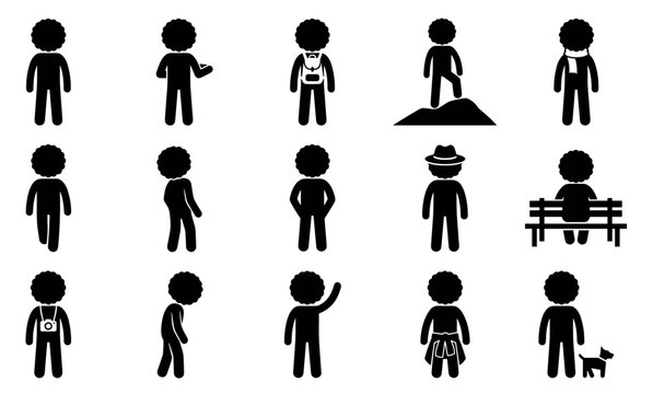 Collection of black stick figures with curly hair in various poses and activities, depicted in a simple, graphic style