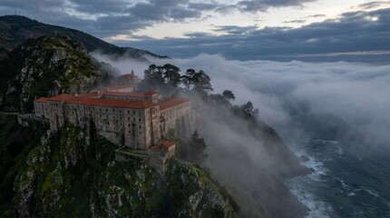 Fototapeta premium Ancient Monastery Perched on a Cliffside Amidst Rolling Fog and Mountains