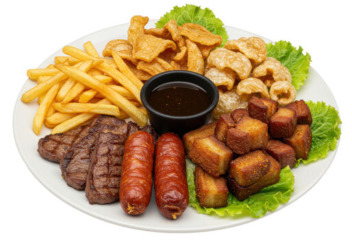 High-angle abundant petiscos: crispy fries, grilled steak, smoked calabresa, fried pork, sauce on a white platter, concept of brazilian bar food indulgence